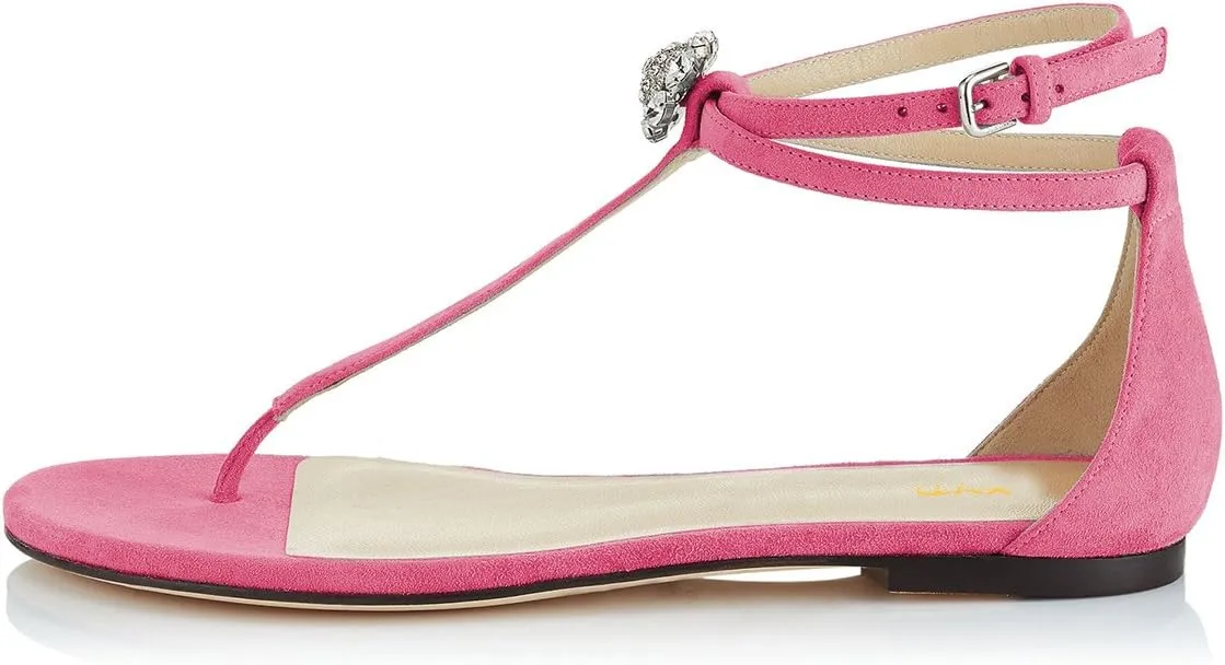 XYD Women T-Strap Thong Rhinestone Sandal Flats Rhinestone Flip Flop Ankle Strap Summer Beach Dress Shoes