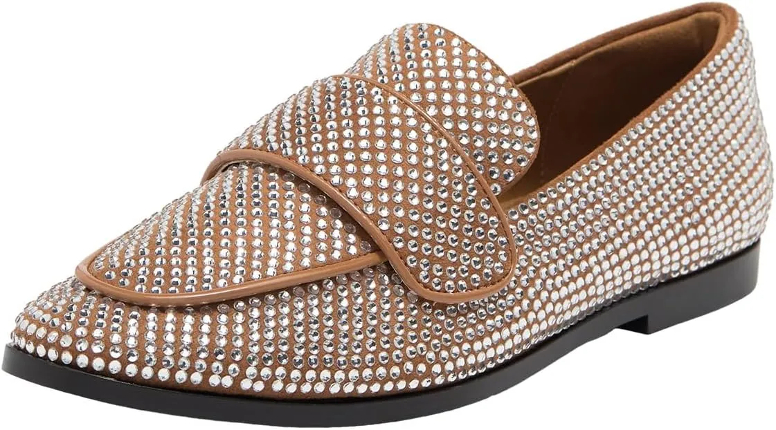 XYD Women's Fashion Bejeweled Slip On Rhinestone Flat Loafers Closed Round Toe Sparkling Formal Event Evening Comfort Dress Shoes