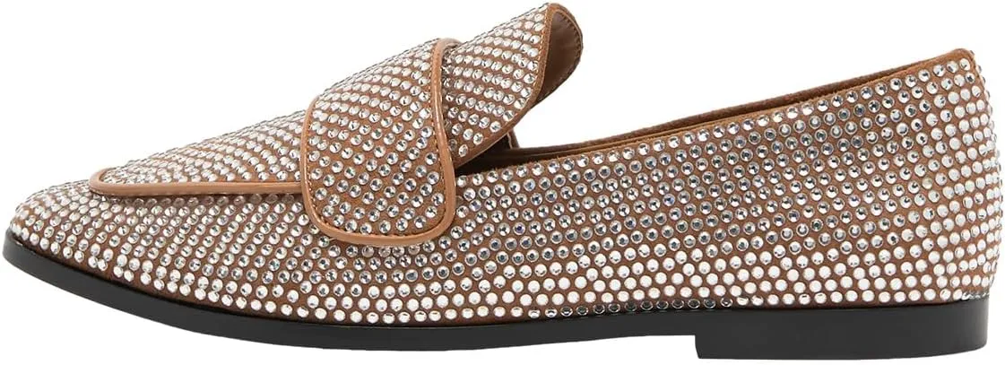 XYD Women's Fashion Bejeweled Slip On Rhinestone Flat Loafers Closed Round Toe Sparkling Formal Event Evening Comfort Dress Shoes