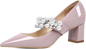 XYD Women's Pointed Toe Chunky Pumps Slip On Mary Jane Single Strap with Pearl Studs Mid Heels Stylish Party Dress Shoes