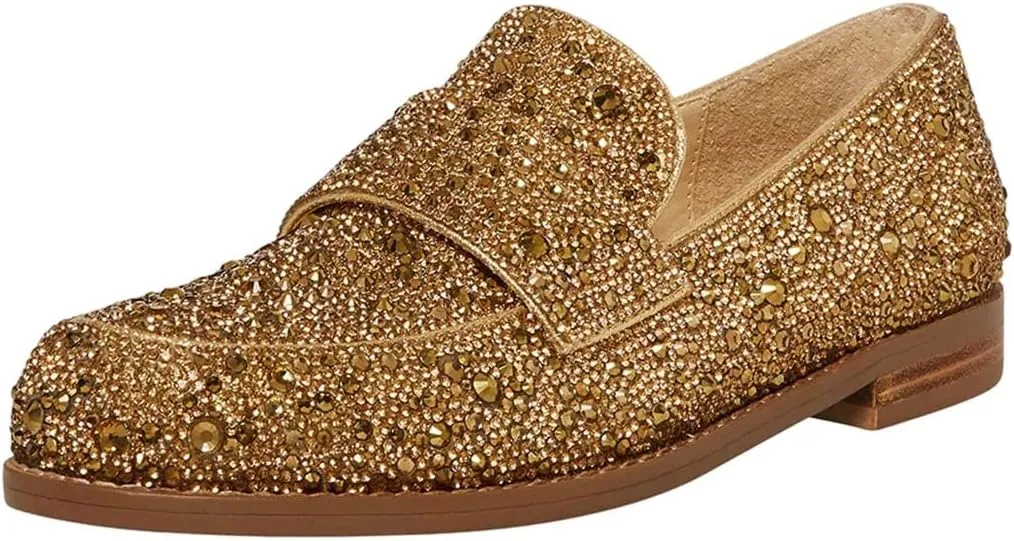 XYD Women's Sparkle Penny Loafer Flat Rhinestone Studded Closed Toe Dressy Glam Low Heel Slip On Evening Fashion Shoes