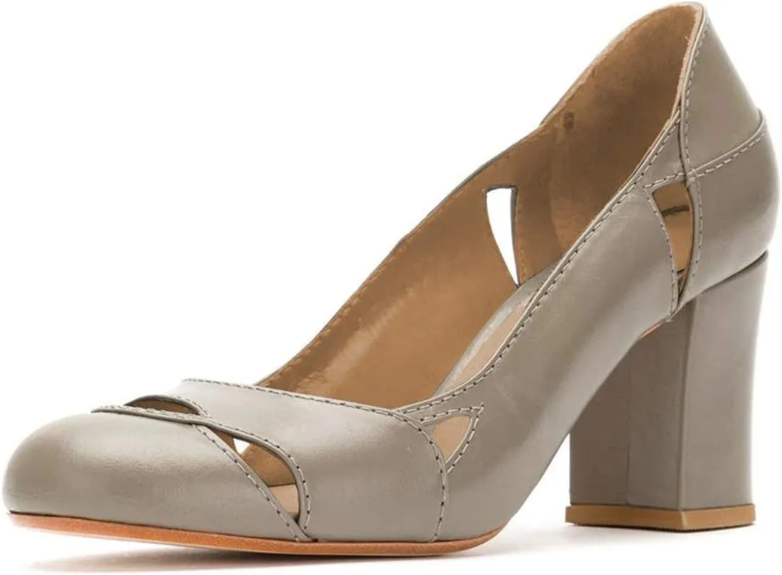 YDN Women Stylish Cutout Block Chunky High Heel Slip On Pumps Classic Round Toe Formal Casual Dress Shoes