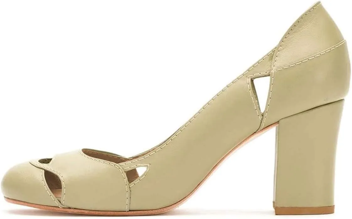 YDN Women Stylish Cutout Block Chunky High Heel Slip On Pumps Classic Round Toe Formal Casual Dress Shoes