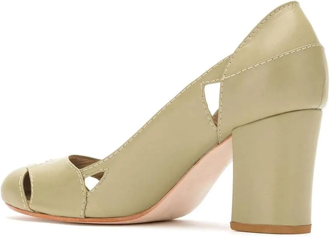 YDN Women Stylish Cutout Block Chunky High Heel Slip On Pumps Classic Round Toe Formal Casual Dress Shoes