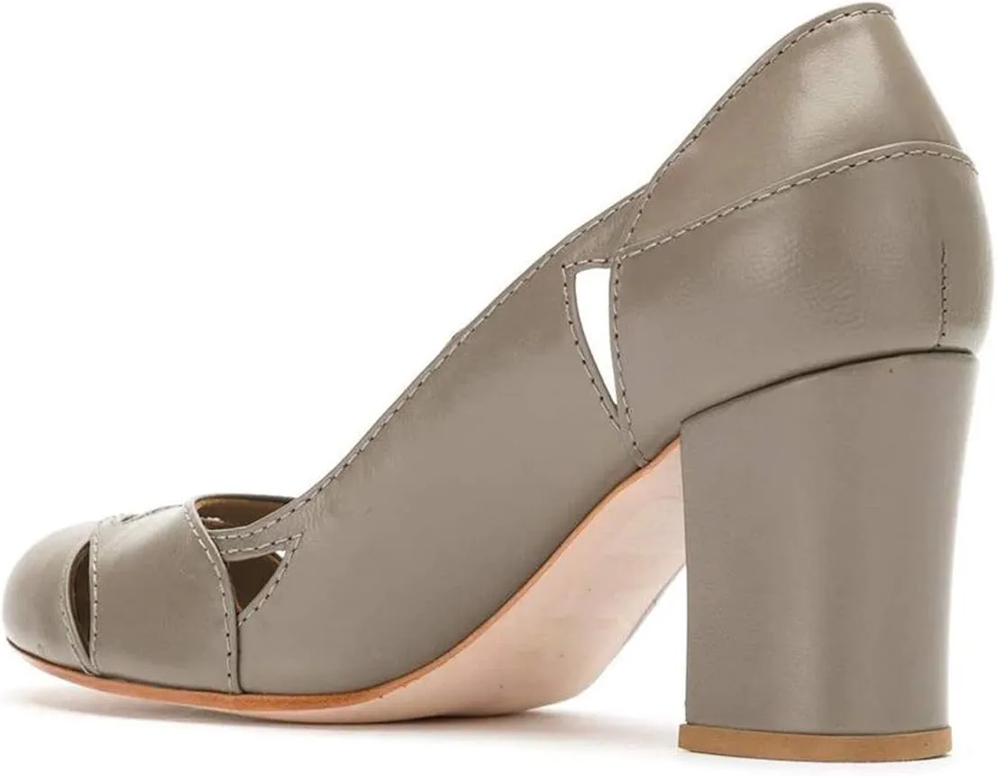 YDN Women Stylish Cutout Block Chunky High Heel Slip On Pumps Classic Round Toe Formal Casual Dress Shoes