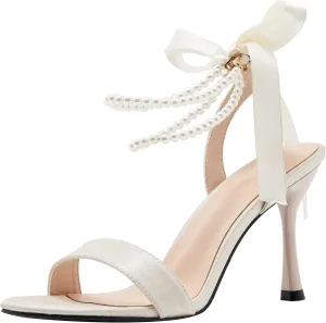 YooPrettyz Women Bows Tie Evening High Heels Single Straps Wedding Sandals Pearls Bridal Party Princess Heels