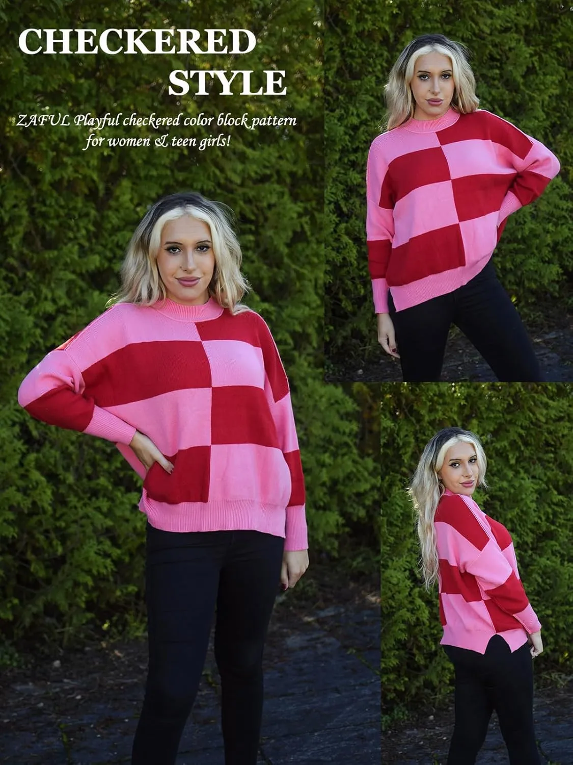 ZAFUL Womens 2024 Trendy Sweater Checkered Oversized Pullover Sweaters Side Slit Cozy Fall Winter Jumper Tops