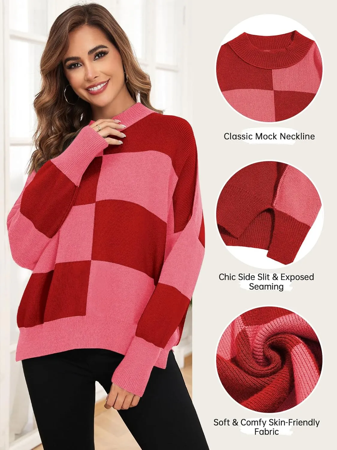 ZAFUL Womens 2024 Trendy Sweater Checkered Oversized Pullover Sweaters Side Slit Cozy Fall Winter Jumper Tops