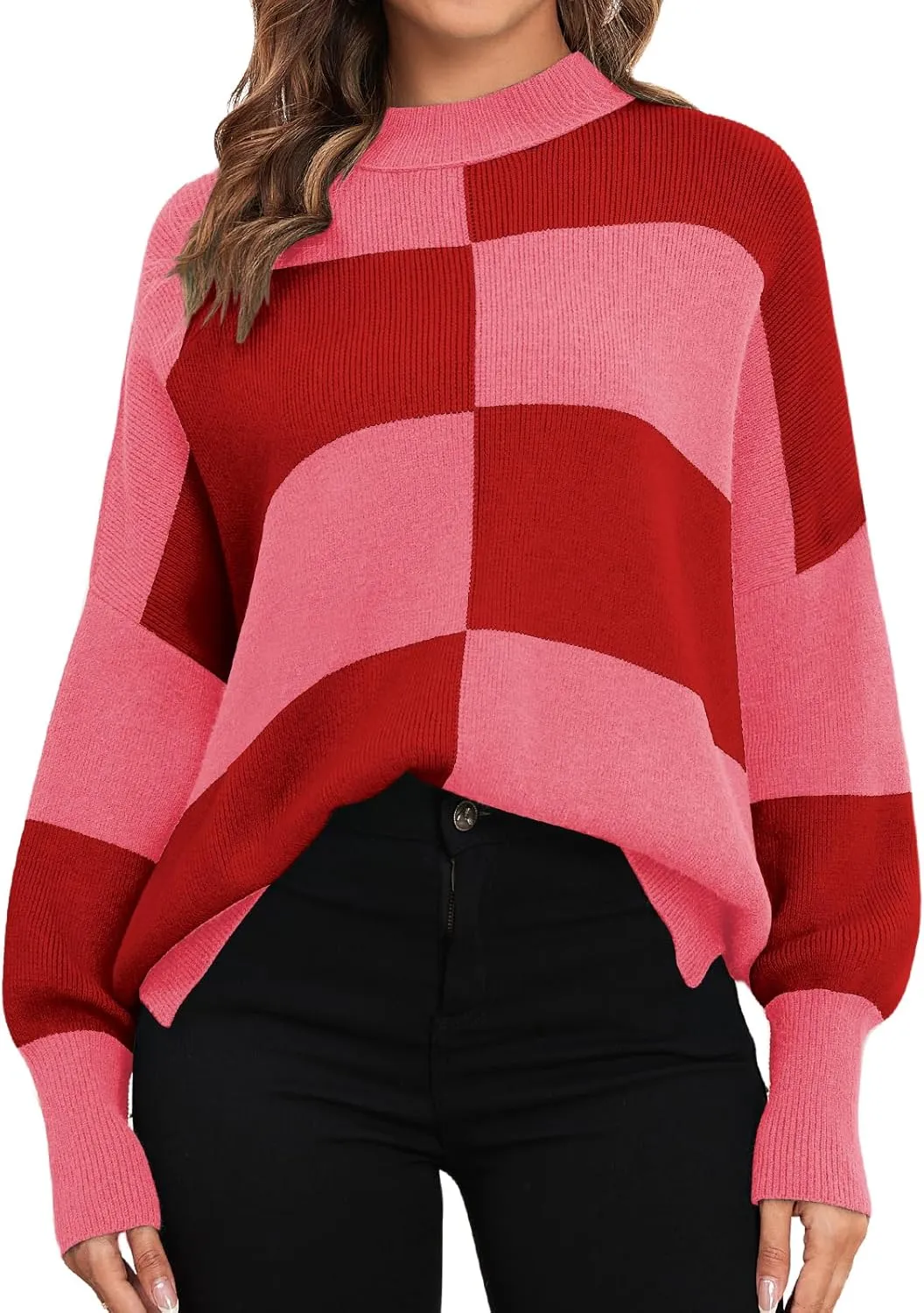 ZAFUL Womens 2024 Trendy Sweater Checkered Oversized Pullover Sweaters Side Slit Cozy Fall Winter Jumper Tops