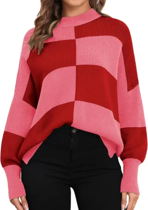 ZAFUL Womens 2024 Trendy Sweater Checkered Oversized Pullover Sweaters Side Slit Cozy Fall Winter Jumper Tops
