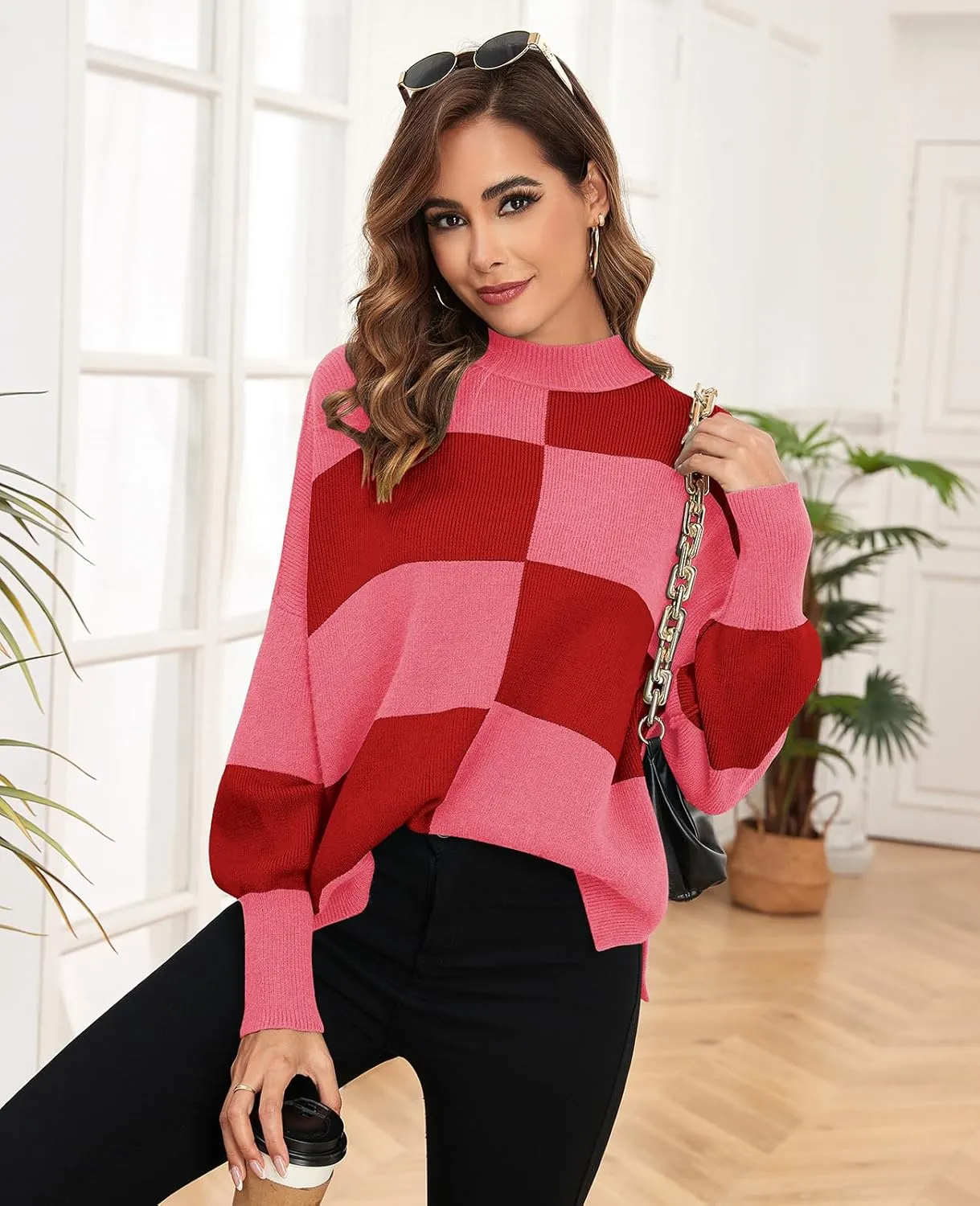 ZAFUL Womens 2024 Trendy Sweater Checkered Oversized Pullover Sweaters Side Slit Cozy Fall Winter Jumper Tops