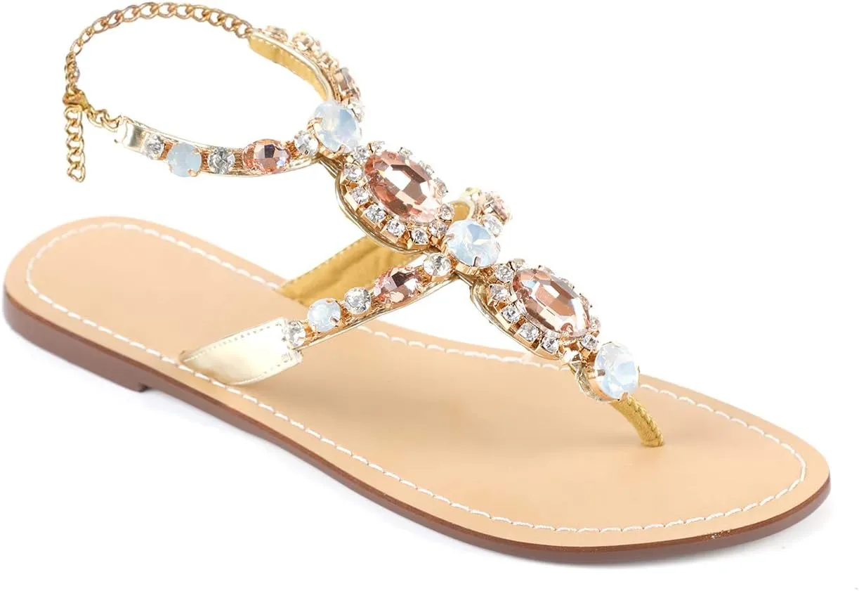 ZhuLinFeng Women'S Rhinestone Gladiator Sandals Flat Wedding Sandals Gem Pearl Sparkling Bridal Bridesmaid Sandals Blue Bohemian Sandals