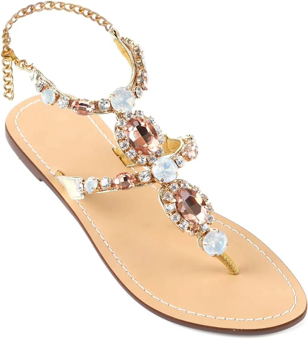 ZhuLinFeng Women'S Rhinestone Gladiator Sandals Flat Wedding Sandals Gem Pearl Sparkling Bridal Bridesmaid Sandals Blue Bohemian Sandals