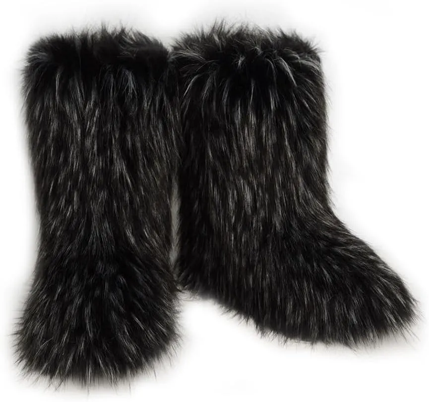 ZSGYCHCY Women's Faux Fur Boots Winter Fuzzy Fluffy Warm Furry Snow Boots Flat Shoes