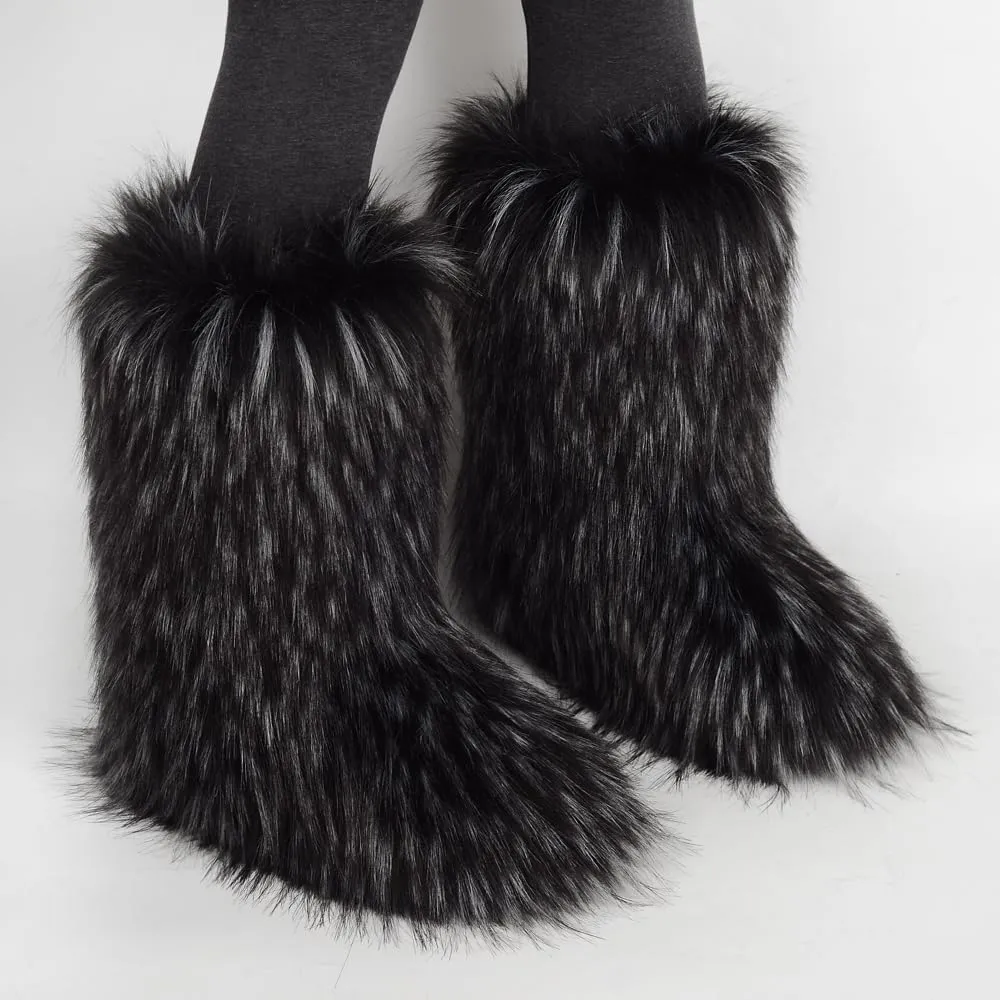 ZSGYCHCY Women's Faux Fur Boots Winter Fuzzy Fluffy Warm Furry Snow Boots Flat Shoes