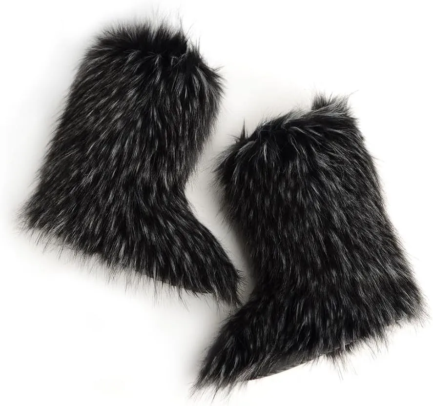 ZSGYCHCY Women's Faux Fur Boots Winter Fuzzy Fluffy Warm Furry Snow Boots Flat Shoes