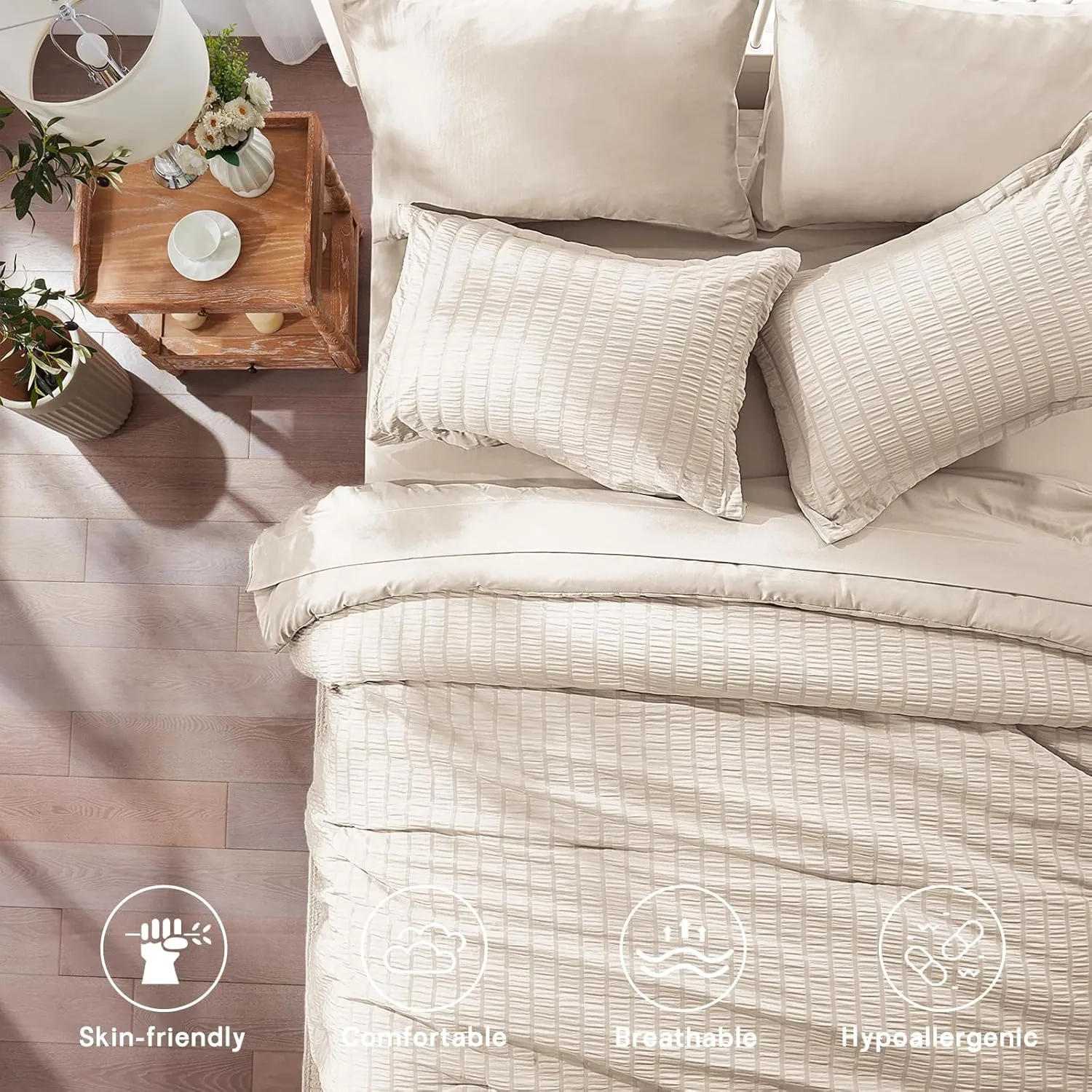 Zzlpp Beige King Comforter Set 7 Pieces, Seersucker Bed in a Bag with Sheets, All Season Bedding Sets with 1 Comforter, 2 Pillow Shams, 2 Pillowcases, 1 Flat Sheet, 1 Fitted Sheet