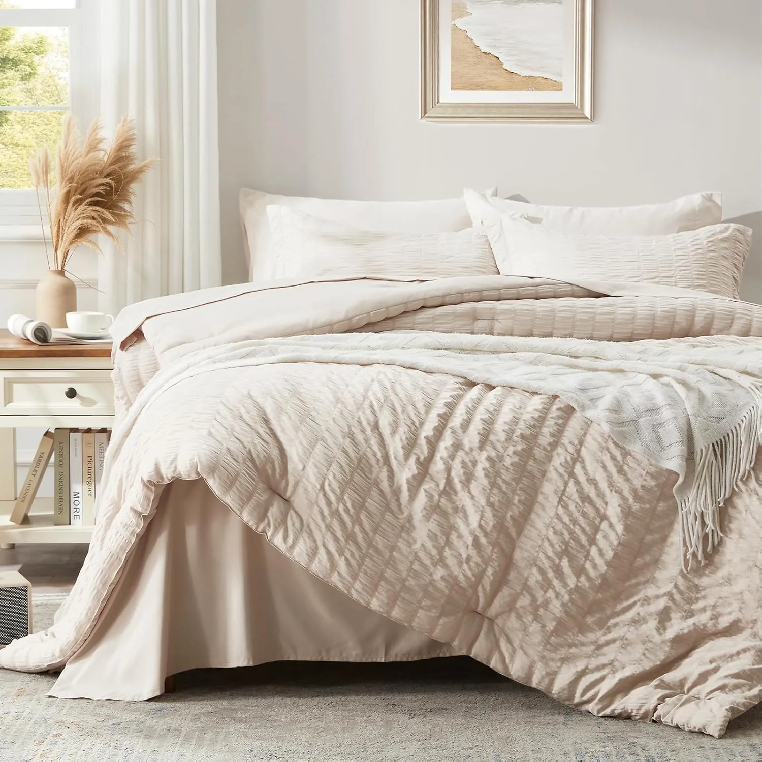 Zzlpp Beige King Comforter Set 7 Pieces, Seersucker Bed in a Bag with Sheets, All Season Bedding Sets with 1 Comforter, 2 Pillow Shams, 2 Pillowcases, 1 Flat Sheet, 1 Fitted Sheet