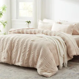Zzlpp Queen Comforter Set 7 Pieces, Beige Seersucker Bed in a Bag with Comforter and Sheets, All Season Bedding Sets with 1 Comforter, 2 Pillow Shams, 2 Pillowcases, 1 Sheet