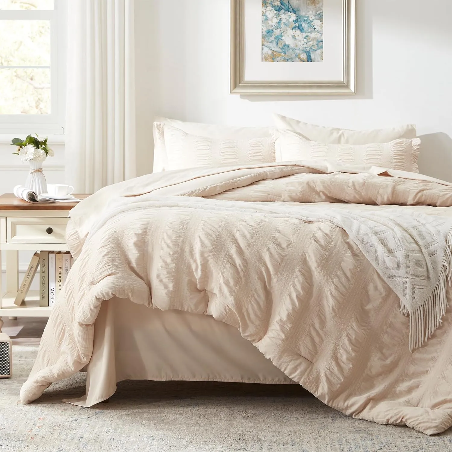 Zzlpp Queen Comforter Set 7 Pieces, Beige Seersucker Bed in a Bag with Comforter and Sheets, All Season Bedding Sets with 1 Comforter, 2 Pillow Shams, 2 Pillowcases, 1 Sheet